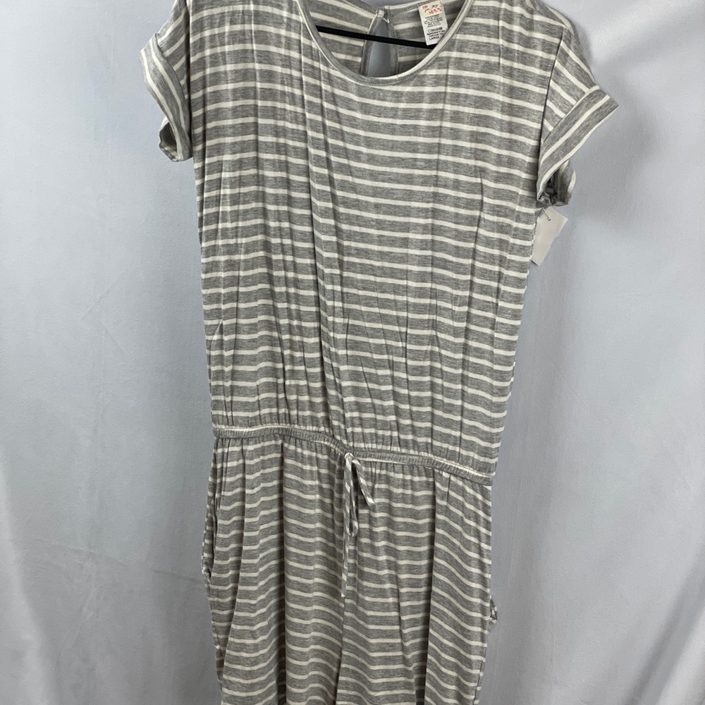 Grey and white striped shirt romper size large